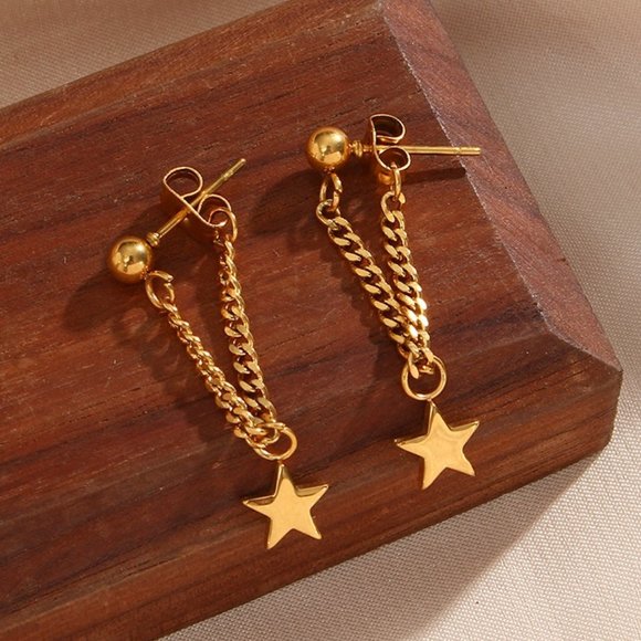 Star Chain Drop Earrings 18K Gold Plating Jewelry Gifts For Her / Wife / Mom - Picture 10 of 11
